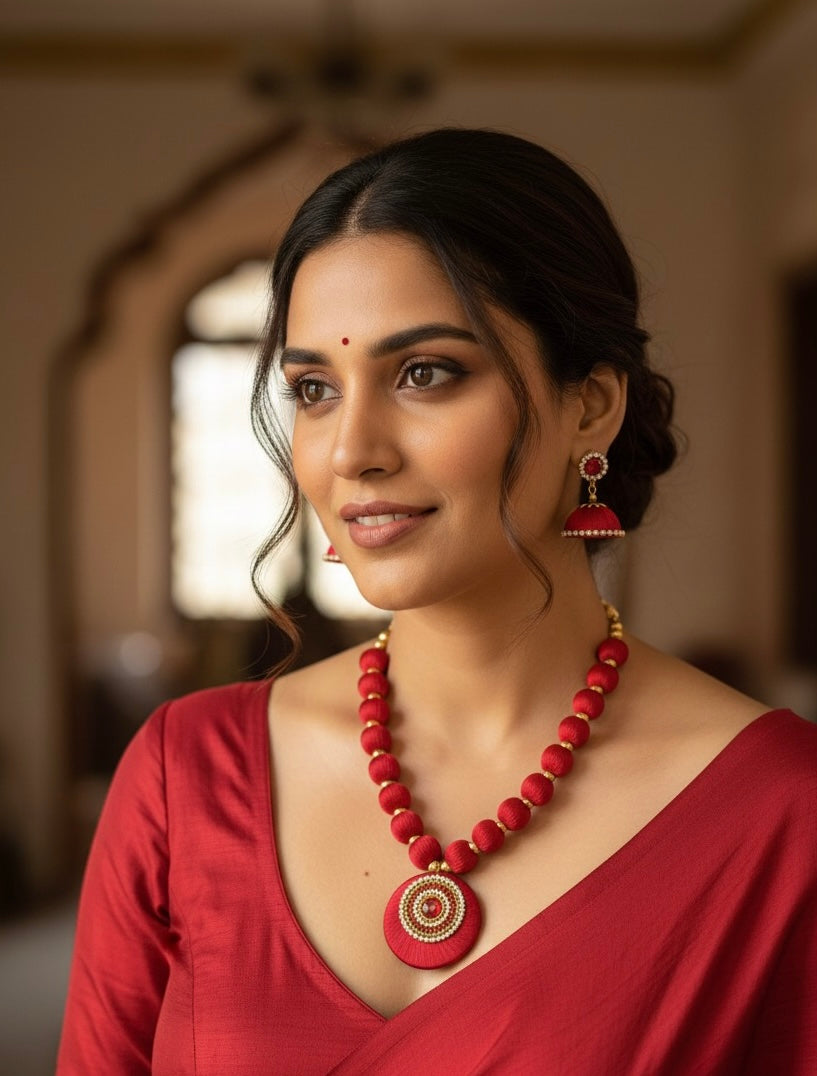 Silk thread single colour necklace red