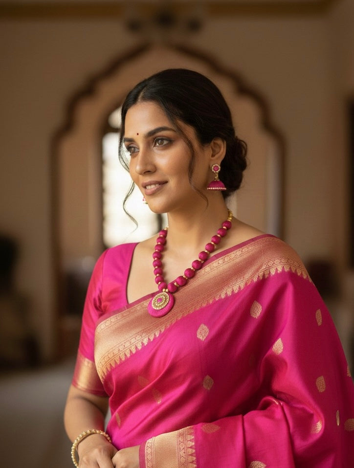 Silk thread necklace single colour Pink