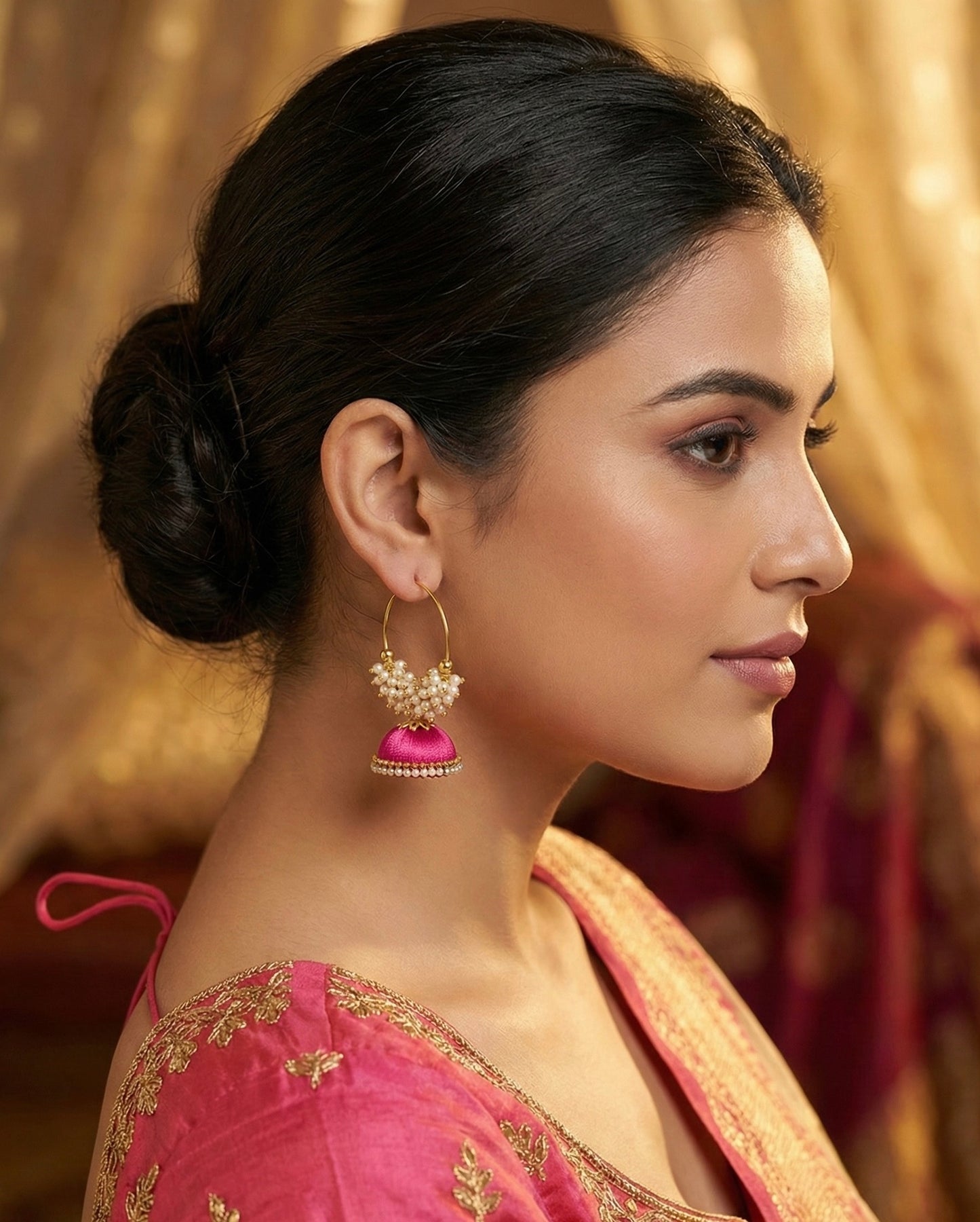 Silk thread punjabi earring pink