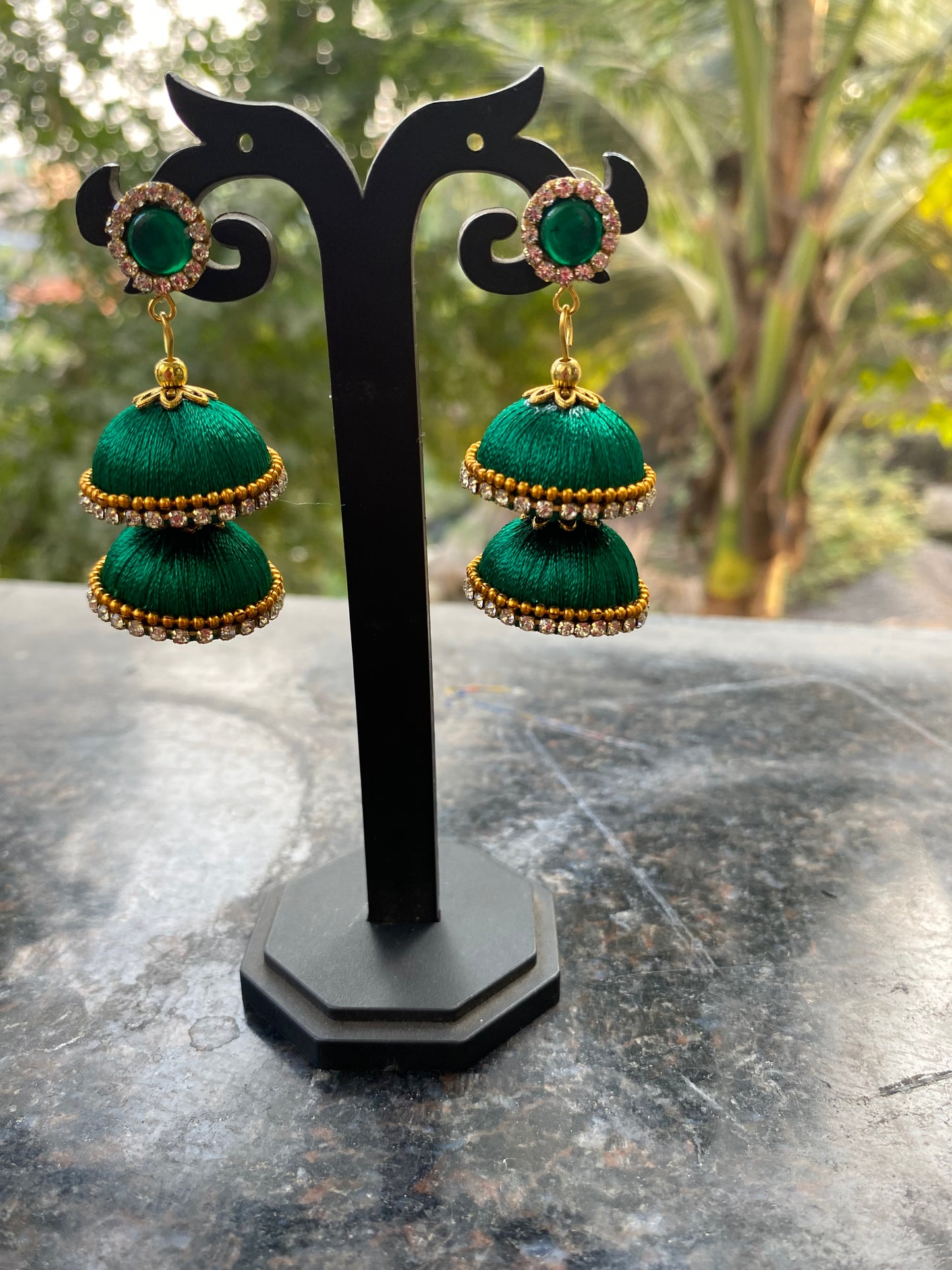 Silk thread double layered jhumka (green)