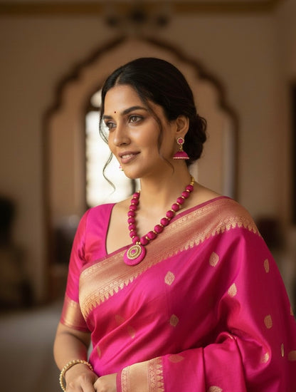 Silk thread necklace single colour Pink