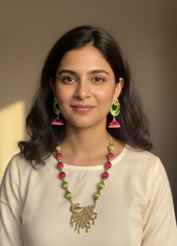 Silk thread peacock pendant necklace