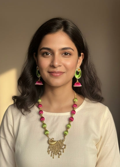 Silk thread peacock pendant necklace