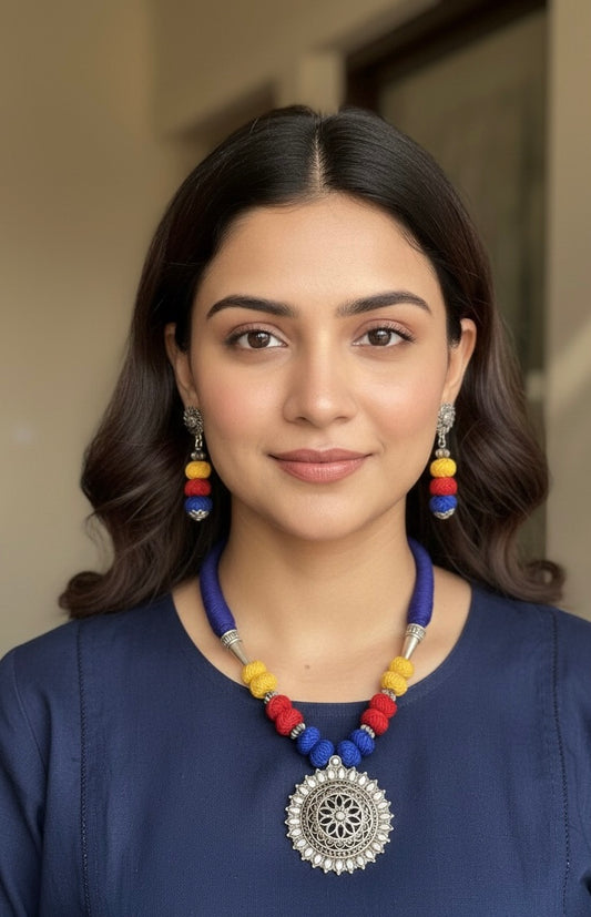 Multicoloured cotton beaded oxidised necklace