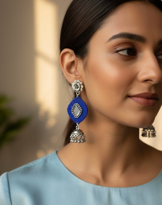 Fabric oxidised jhumka earring (blue)