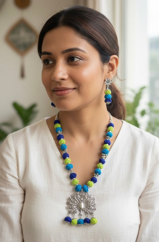 Cotton beaded oxidised silver pendant necklace