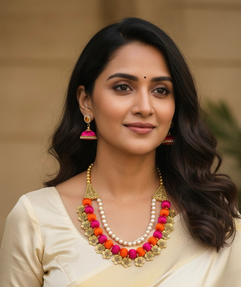 Silk thread multicoloured floral charm necklace