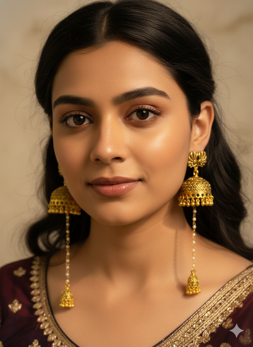 Golden jhumka earring with long Pearl chain