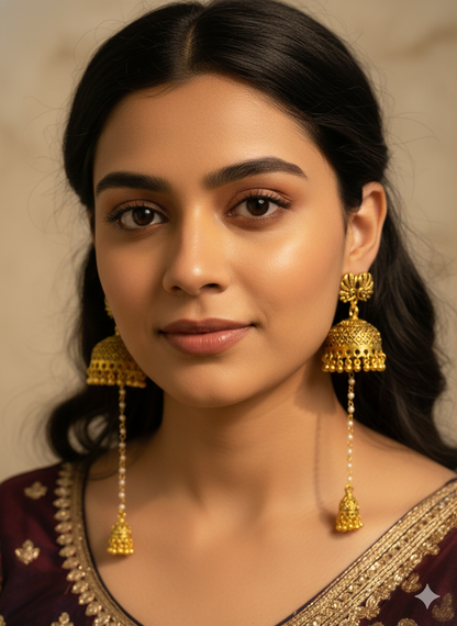 Golden jhumka earring with long Pearl chain