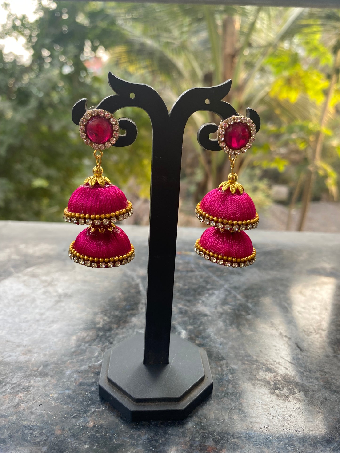 Silk thread double layered earring (pink)