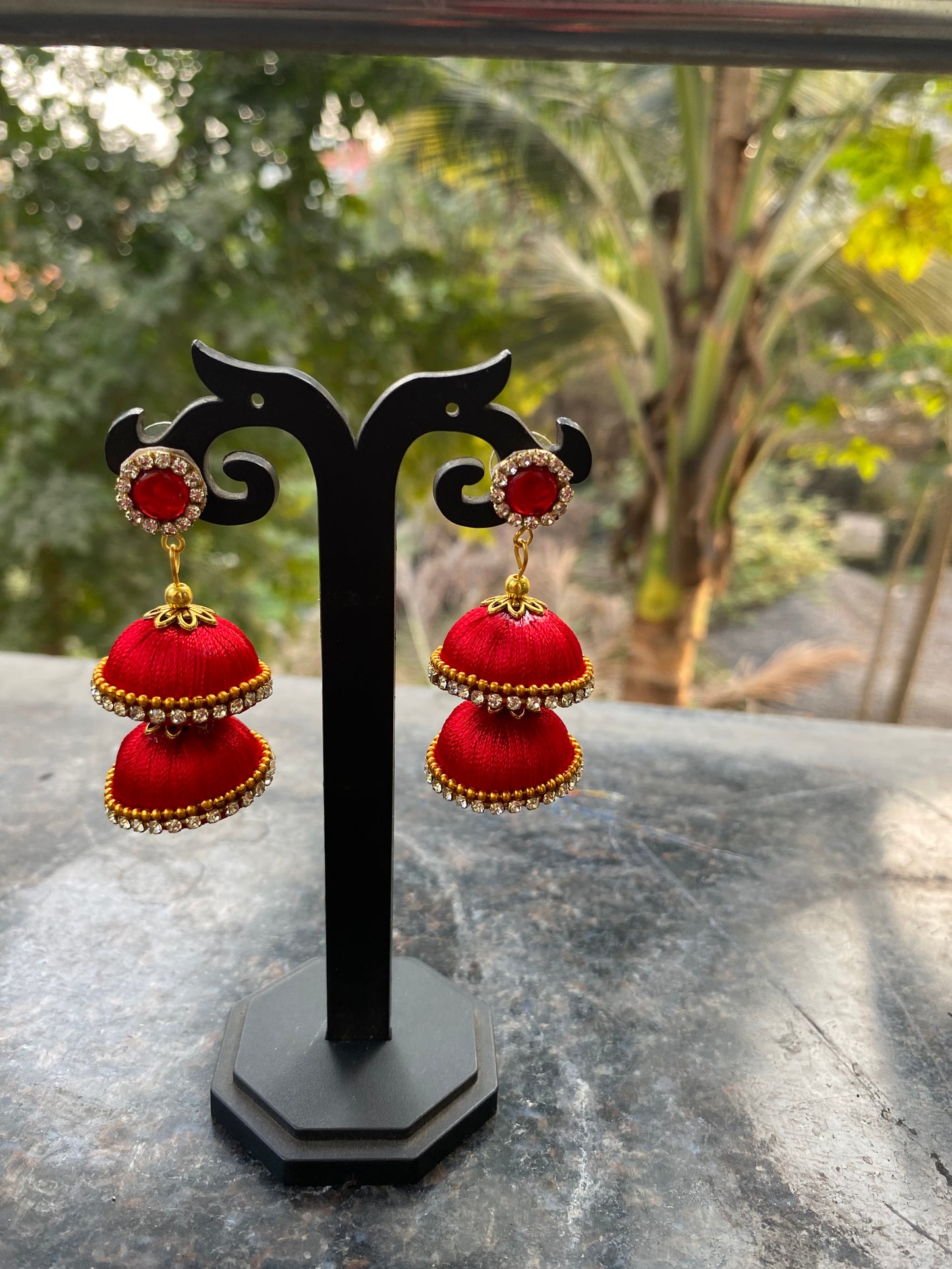Silk thread double layered jhumka earring (red)