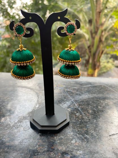 Silk thread double layered jhumka (green)