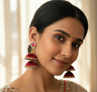 Silk thread double layered jhumka(marron)