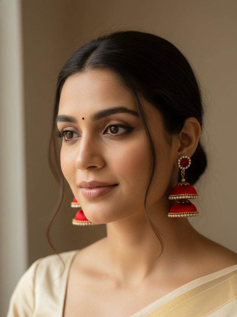 Silk thread double layered jhumka earring (red)