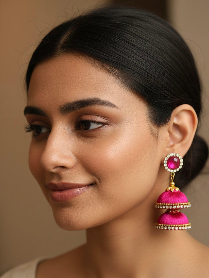 Silk thread double layered earring (pink)