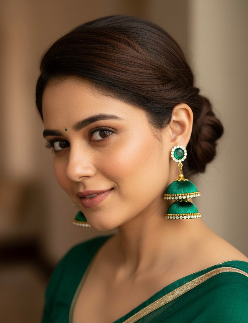 Silk thread double layered jhumka (green)
