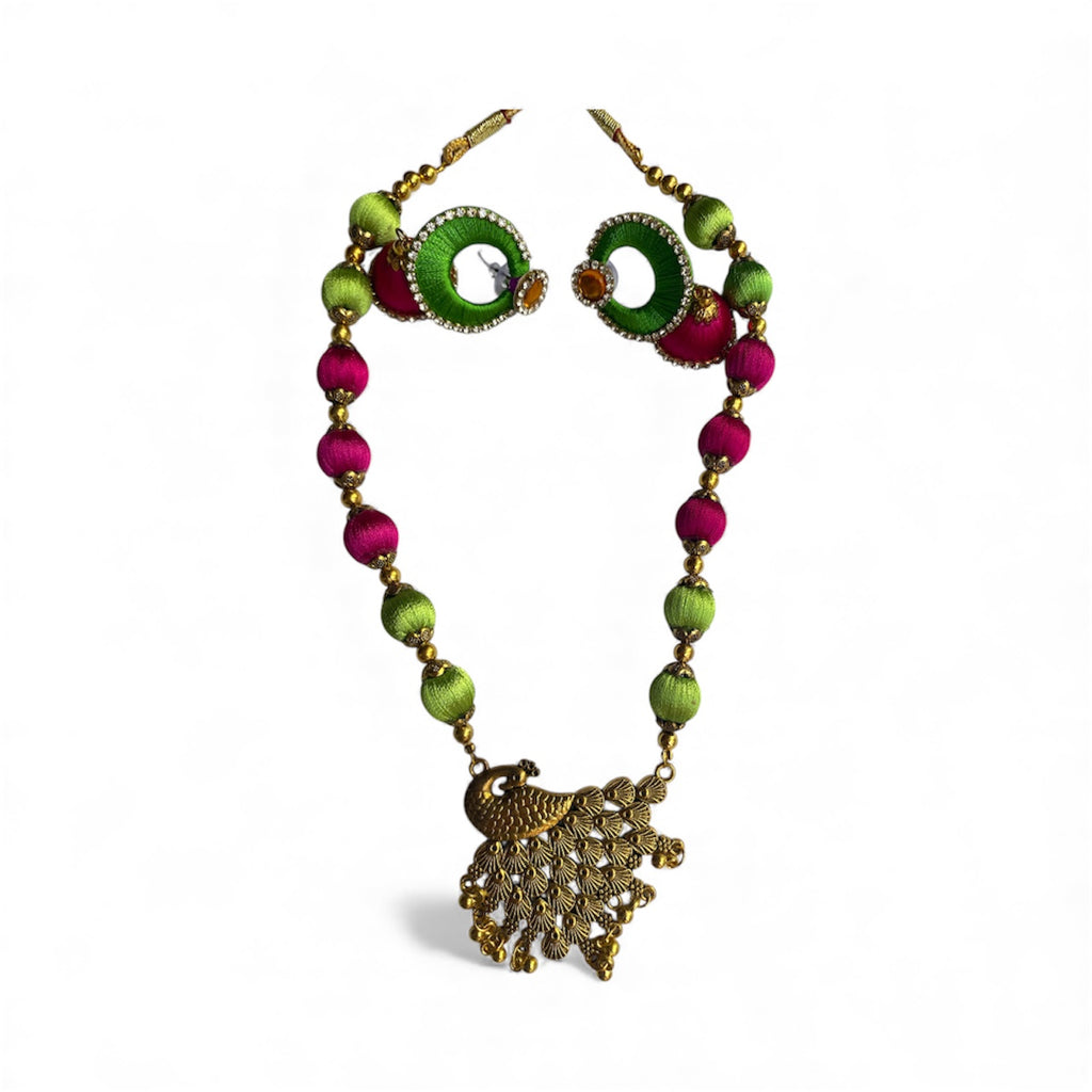 Silk thread peacock pendant necklace