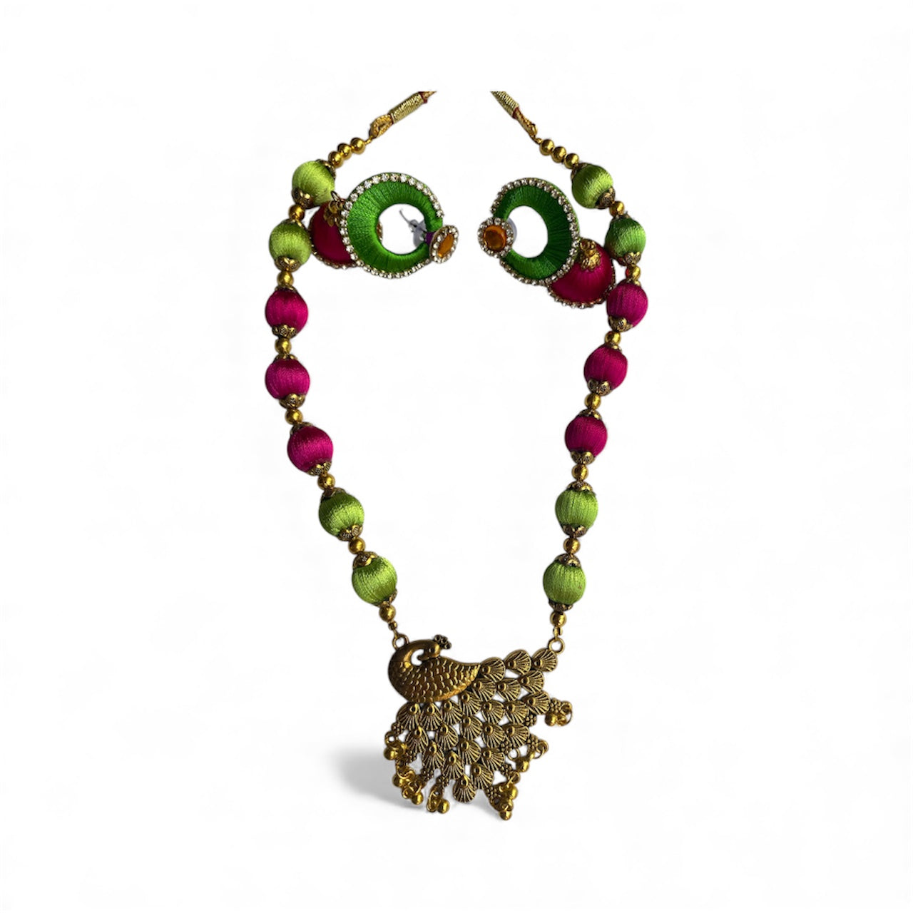 Silk thread peacock pendant necklace