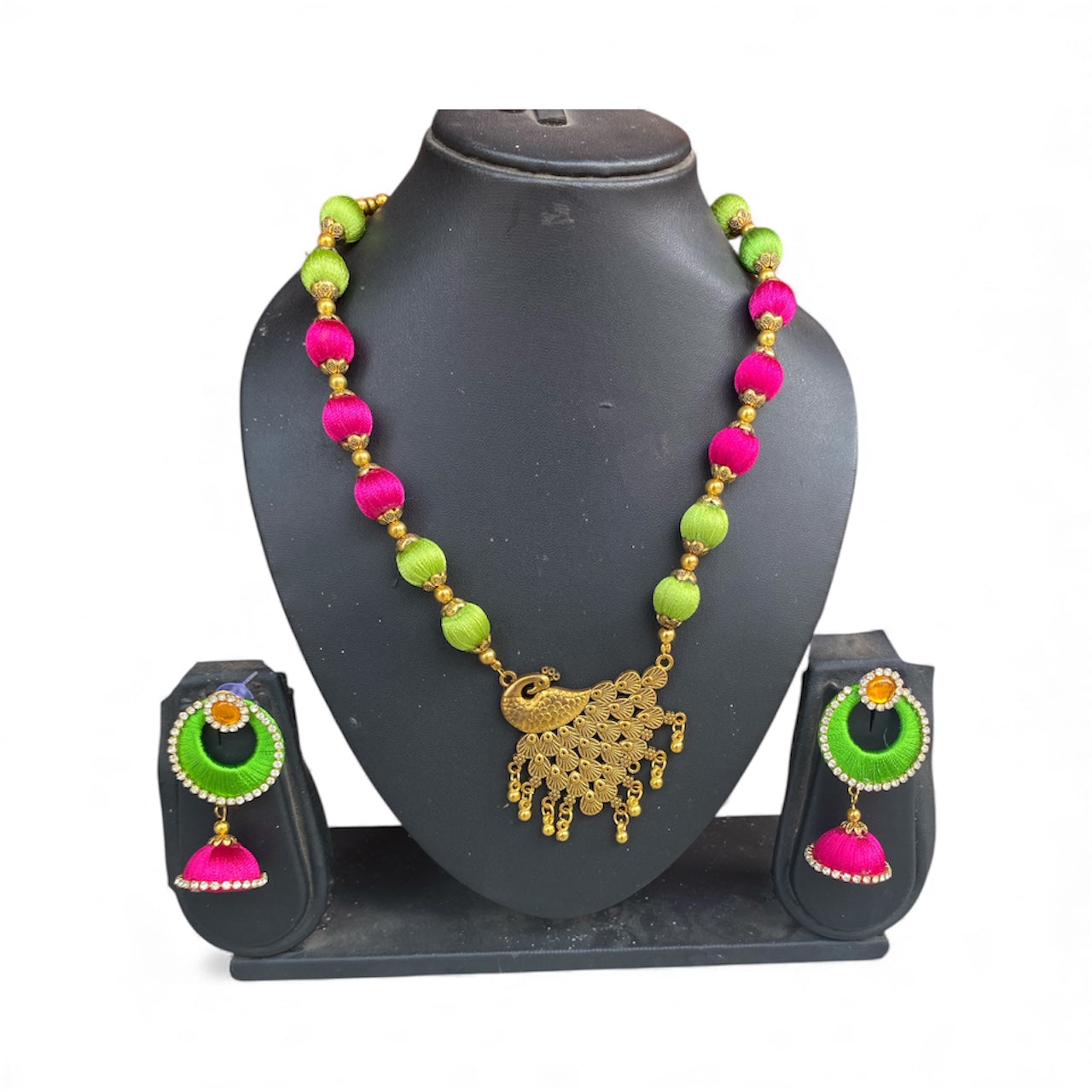 Silk thread peacock pendant necklace