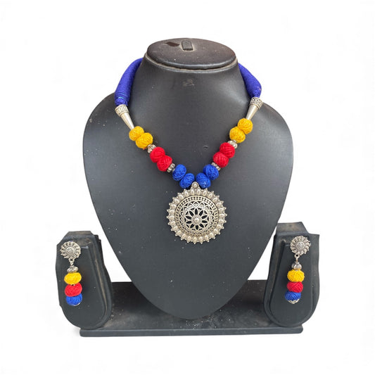 Multicoloured cotton beaded oxidised necklace