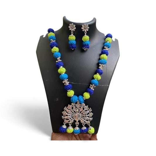 Cotton beaded oxidised silver pendant necklace