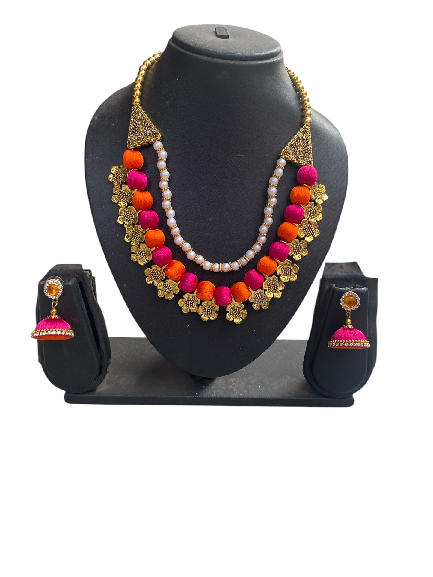 Silk thread multicoloured floral charm necklace