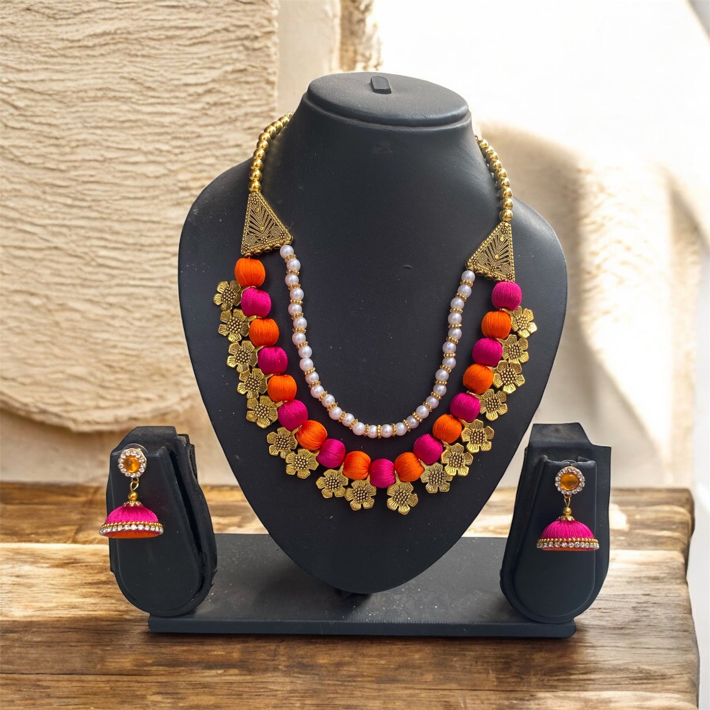 Silk thread multicoloured floral charm necklace