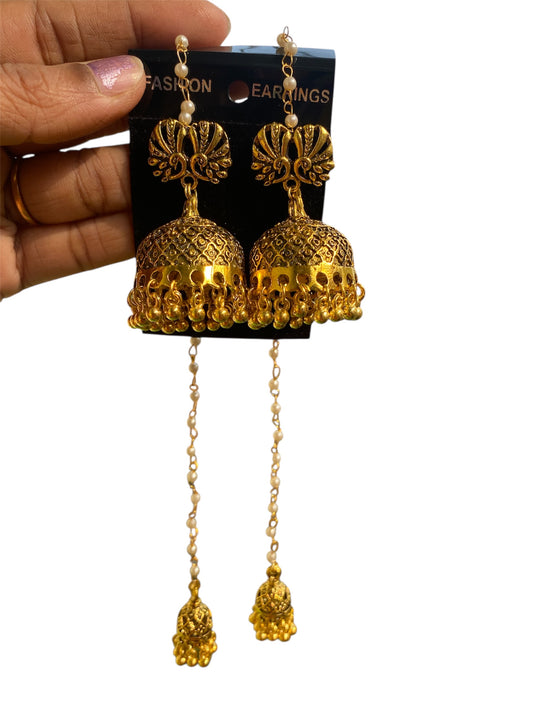 Golden jhumka earring with long Pearl chain