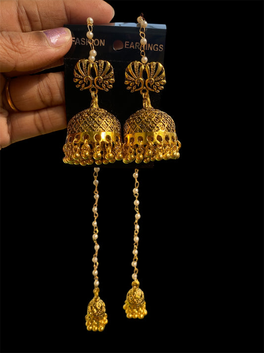 Golden jhumka earring with long Pearl chain