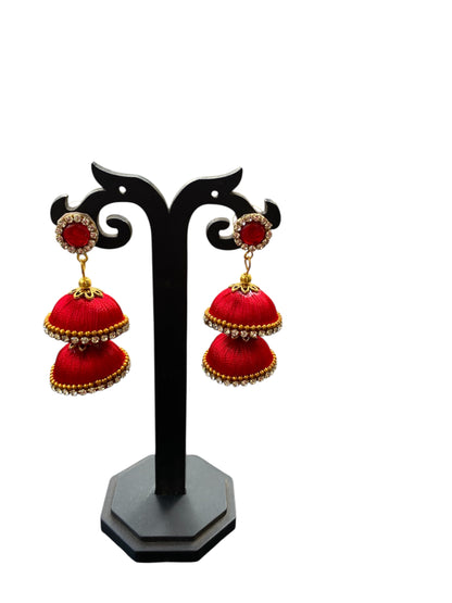 Silk thread double layered jhumka earring (red)
