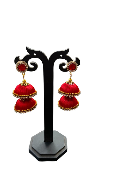 Silk thread double layered jhumka earring (red)