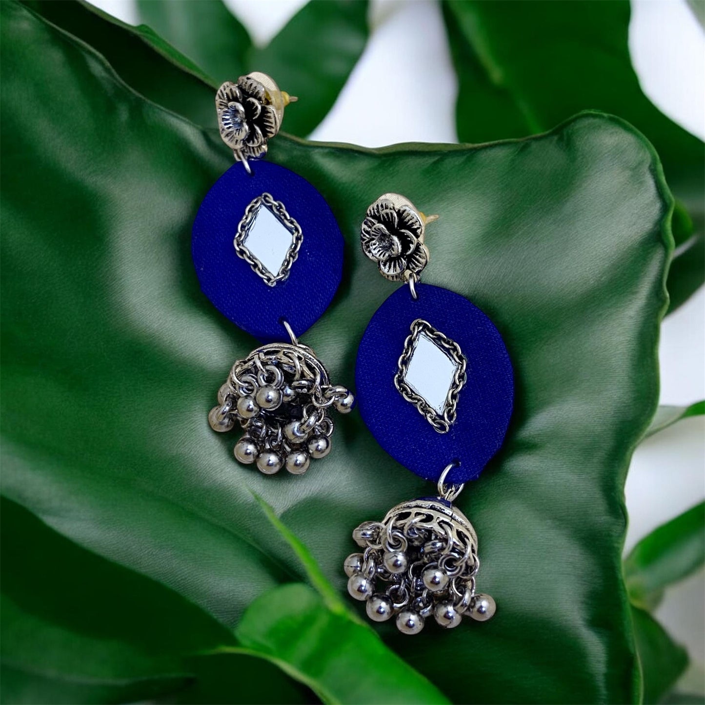 Fabric oxidised jhumka earring (blue)