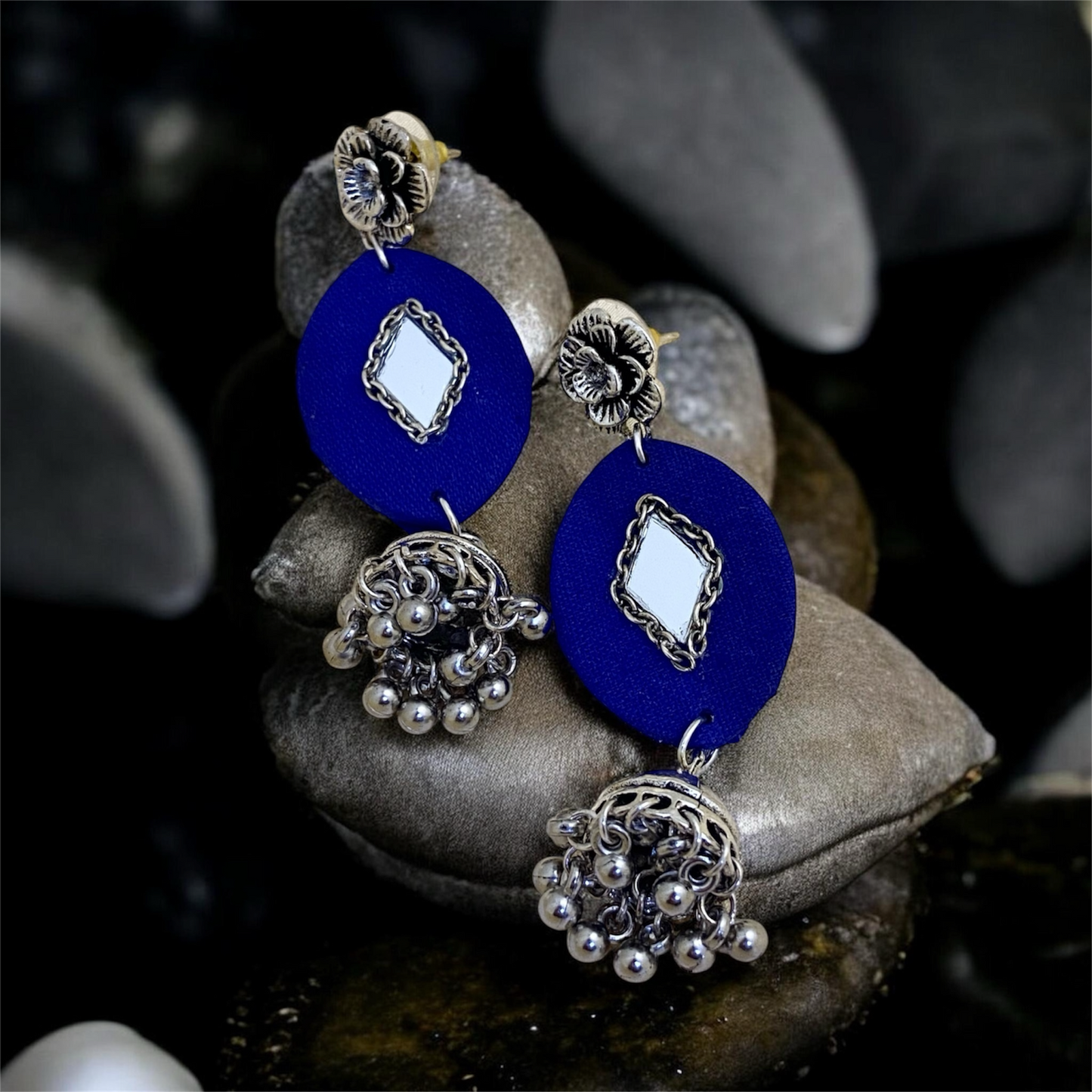 Fabric oxidised jhumka earring (blue)
