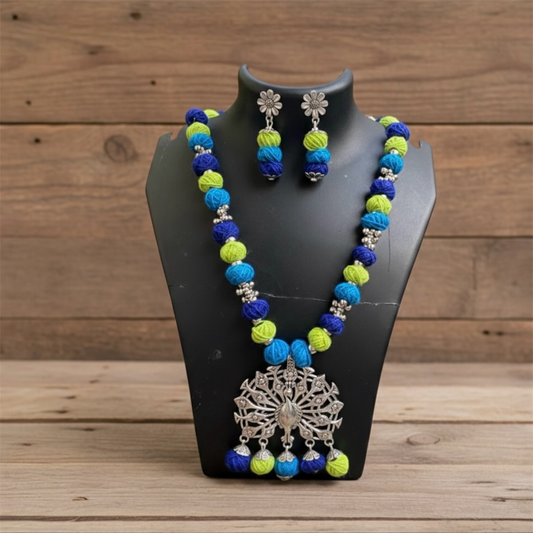 Cotton beaded oxidised silver pendant necklace