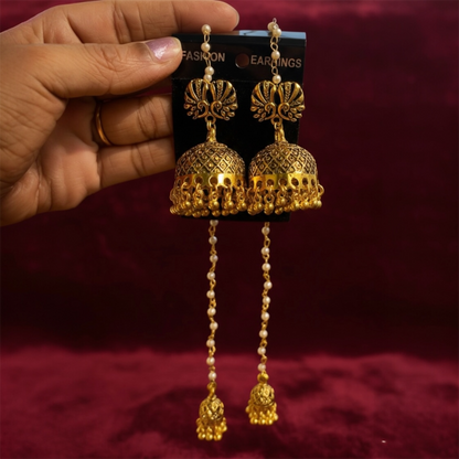 Golden jhumka earring with long Pearl chain
